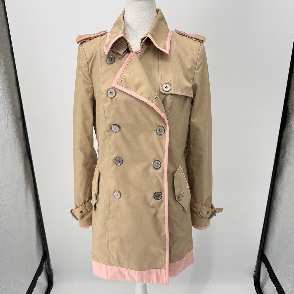 Sam Edelman Tan Khaki Blush Trim Trench Coat‎ Women's M Double Breasted
